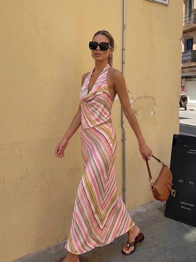 SOERA Sienna Bohemian Striped Satin Two - Piece Set - Matching Sets -  Skirt XS
