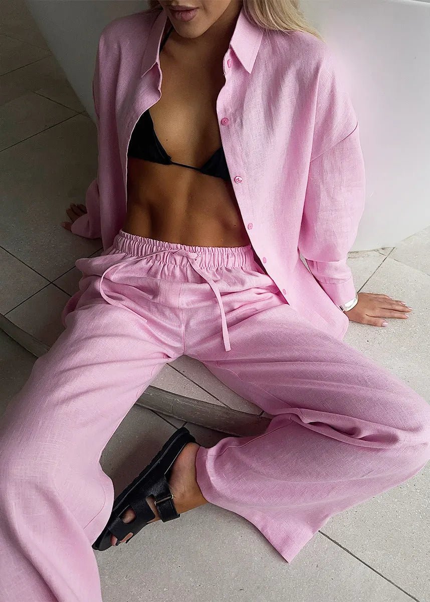 SOERA Sofia Cotton Lounge Set with Button - Up Shirt & Wide Pants - Matching Sets -  L