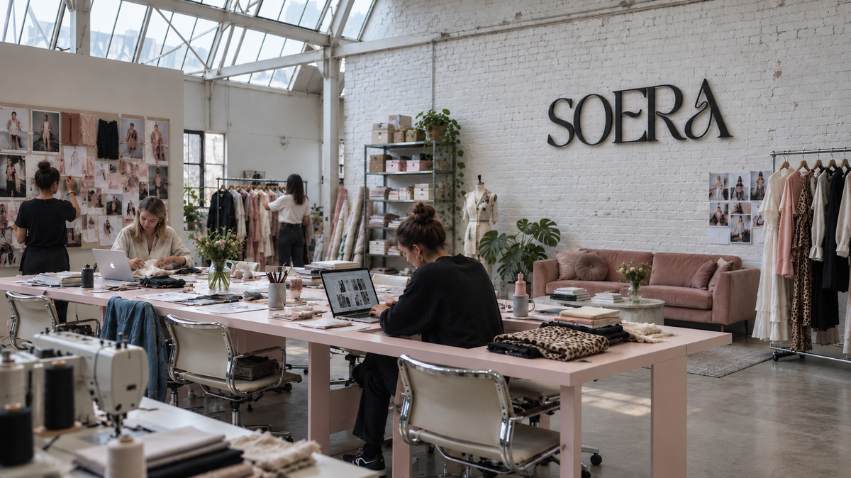SOERA fashion studio with a shared worktable and the official black wall logo