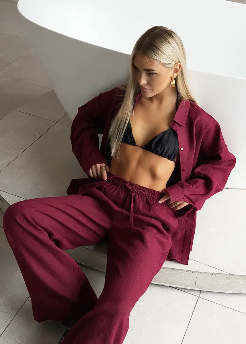SOERA Bianca Relaxed Cotton Shirt & Wide-Leg Pants Set - Pants -  Burgundy L