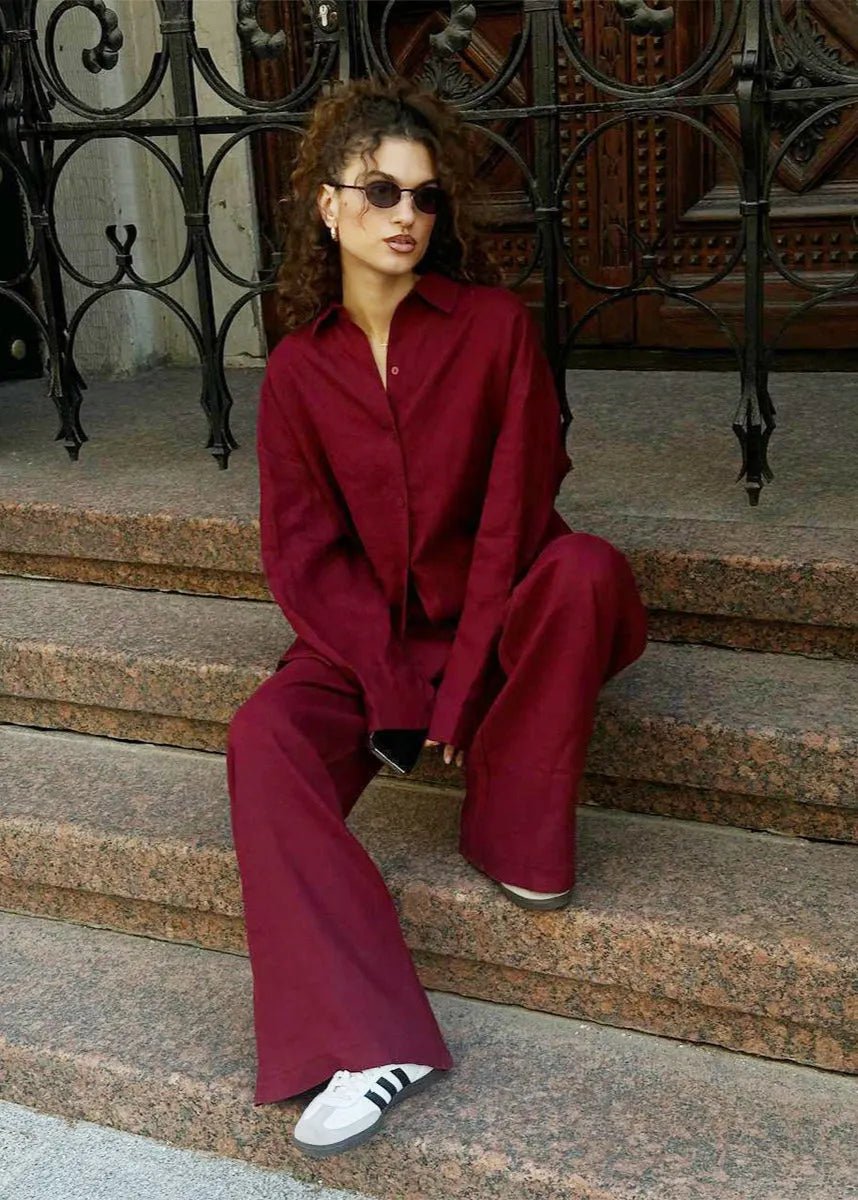 SOERA Bianca Relaxed Cotton Shirt & Wide - Leg Pants Set - Pants -  Burgundy S
