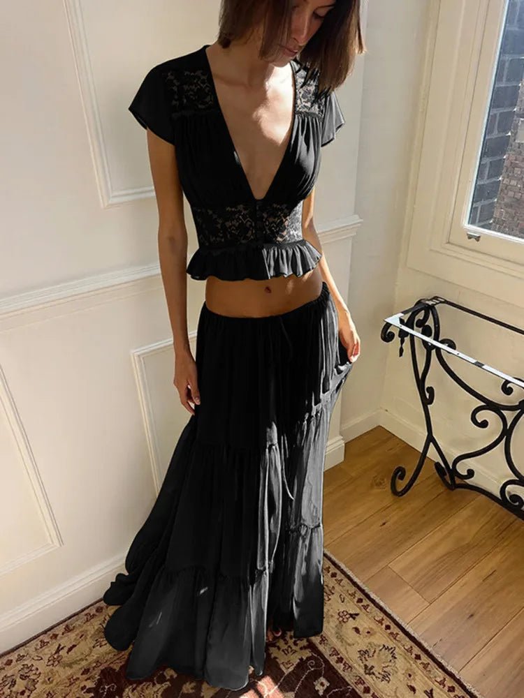 SOERA Morrigan Lace Chiffon Top & Skirt Set - Set -  Black XS