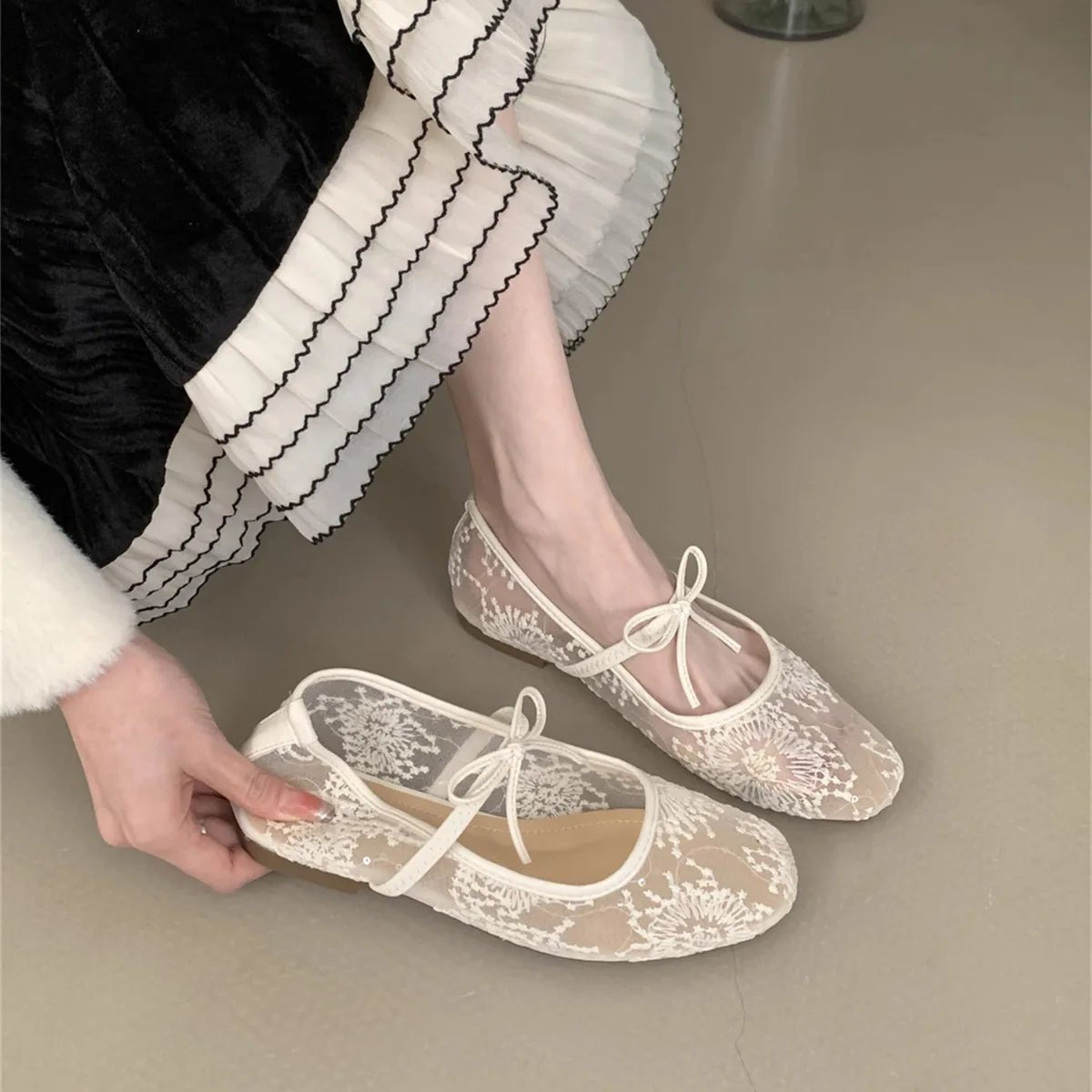 SOERA Saskia Embroidered Mesh Ballet Flats - Shoes -  Beige 36