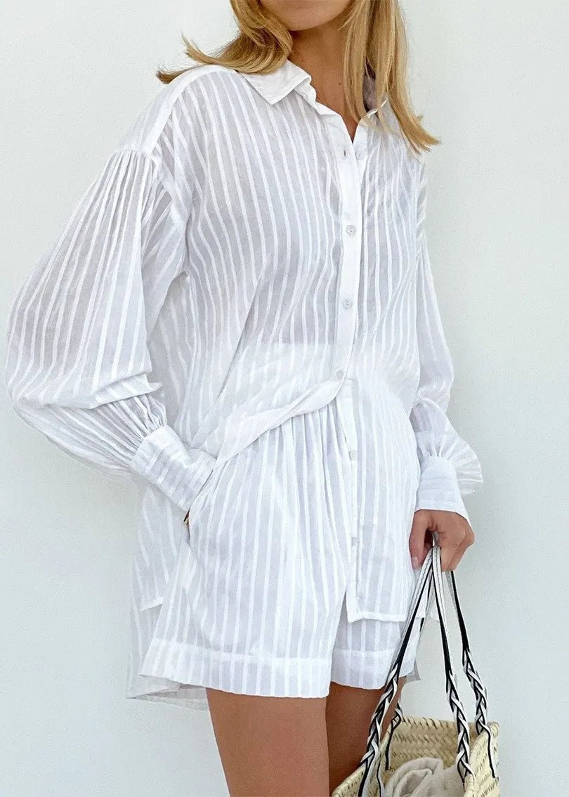 SOERA Bridget Striped Cotton Shirt and Shorts Set - Shorts -  S