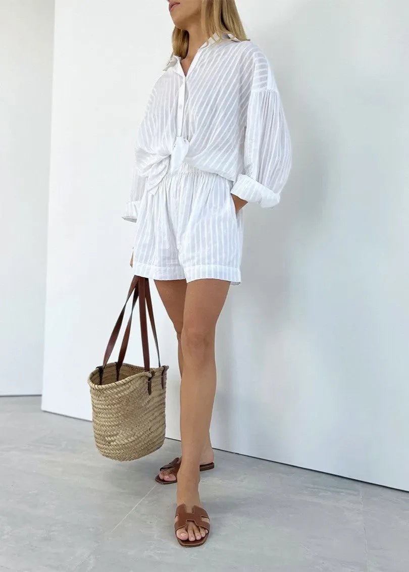 SOERA Bridget Striped Cotton Shirt and Shorts Set - Shorts -  S
