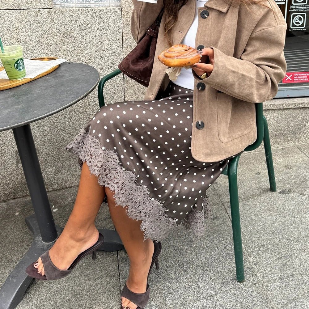 SOERA Hadley Polka Dot Lace Trim Midi Skirt - Skirts - 1005010113115005-;IL1774012026567264197 Brown S