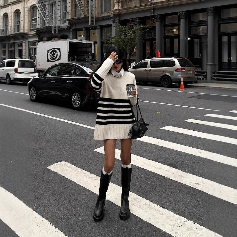 SOERA Flora Oversized Turtle Neck Striped Sweater - Sweaters & Cardigans - 1005008097353902-;DF1764703454935479603 White S