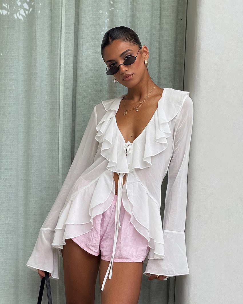 SOERA Desiree Deep Neck Ruffled Top - Tops - xv1770344797579104965 L