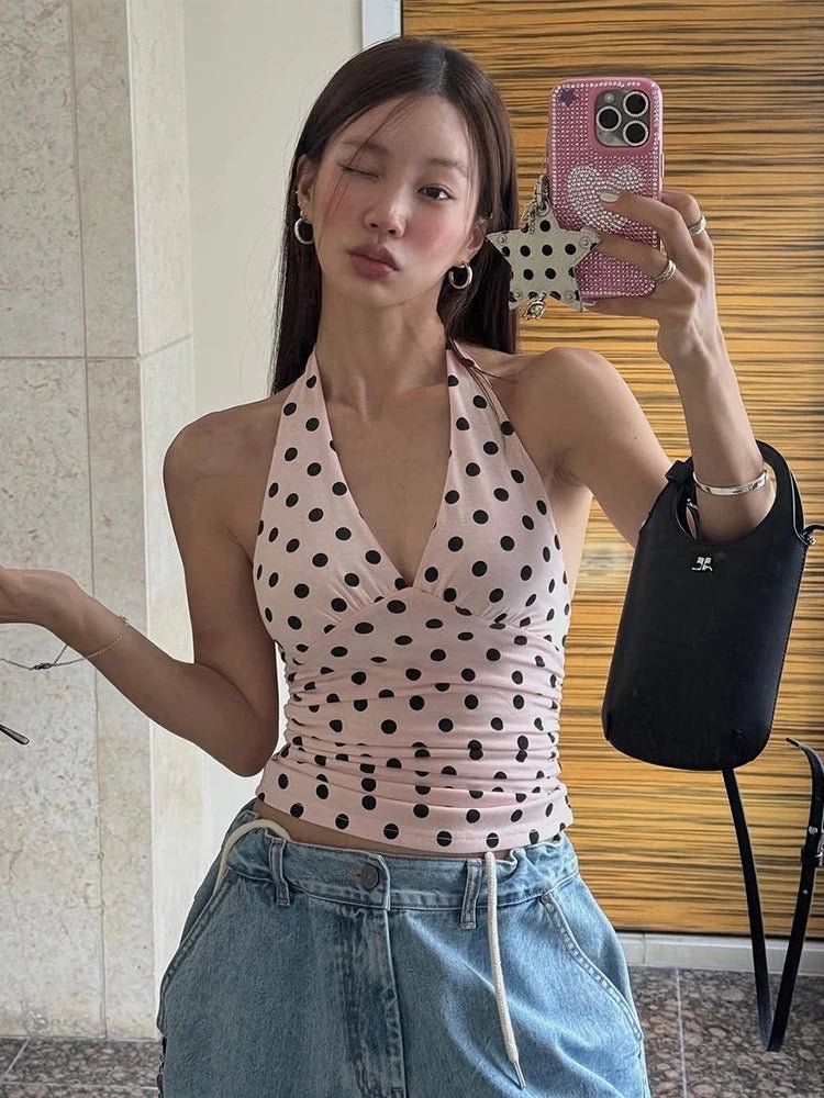 SOERA Hannah Polka Dot Halter Tank Top - Tops - 1005009140850162-;eZ1774621553702575802 Pink S